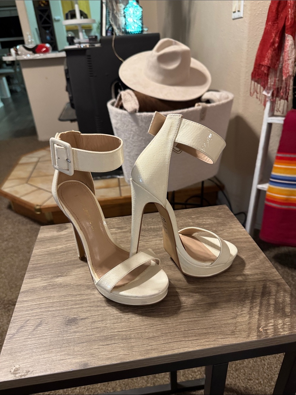 Shoe Republic LA Cream Patent Ankle-Strap Stiletto Sandals